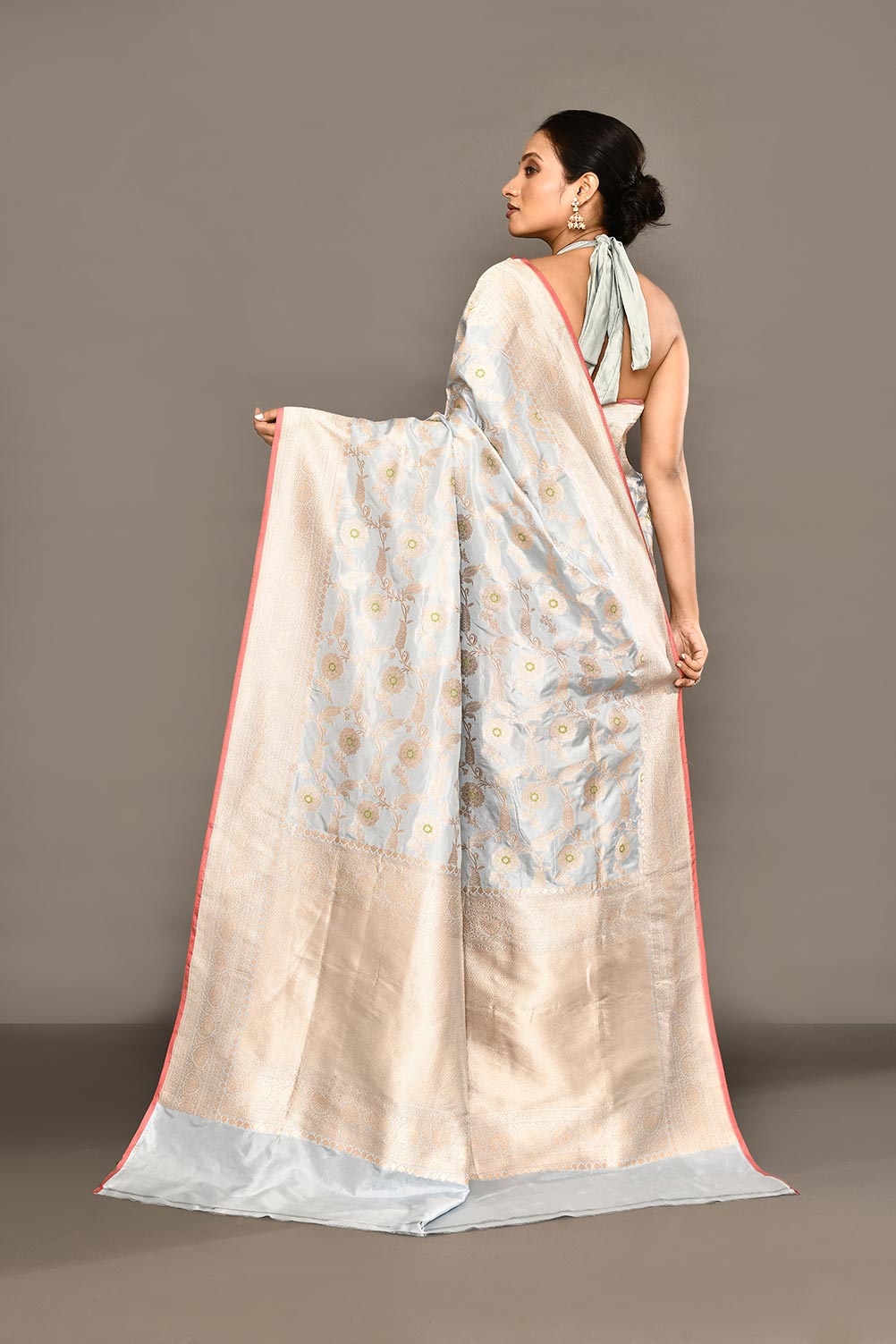 'Powder Blue' Pure Katan Silk Banarasi Handloom saree with Meenakari Jaal and contrast Selvedge 'Powder Blue' Pure Katan Silk Banarasi Handloom saree with Meenakari Jaal and contrast Selvedge