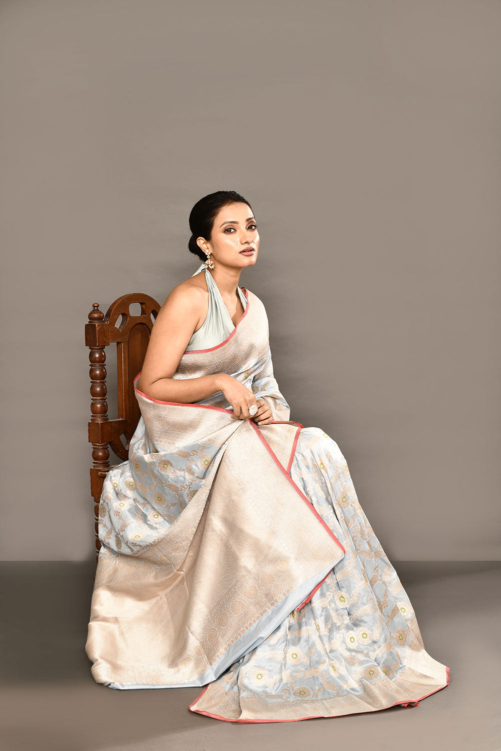 'Powder Blue' Pure Katan Silk Banarasi Handloom saree with Meenakari Jaal and contrast Selvedge 'Powder Blue' Pure Katan Silk Banarasi Handloom saree with Meenakari Jaal and contrast Selvedge