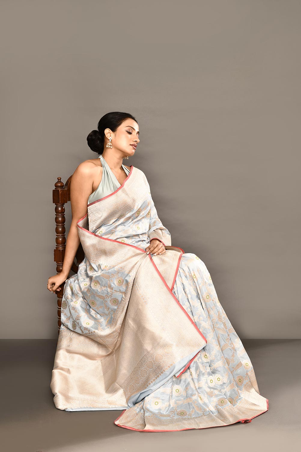 'Powder Blue' Pure Katan Silk Banarasi Handloom saree with Meenakari Jaal and contrast Selvedge 'Powder Blue' Pure Katan Silk Banarasi Handloom saree with Meenakari Jaal and contrast Selvedge