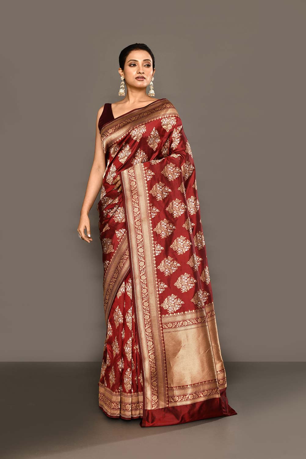 'Maharani' Deep Wine-Maroon Pure Katan Silk Banarasi Handloom Saree 'Maharani' Deep Wine-Maroon Pure Katan Silk Banarasi Handloom Saree