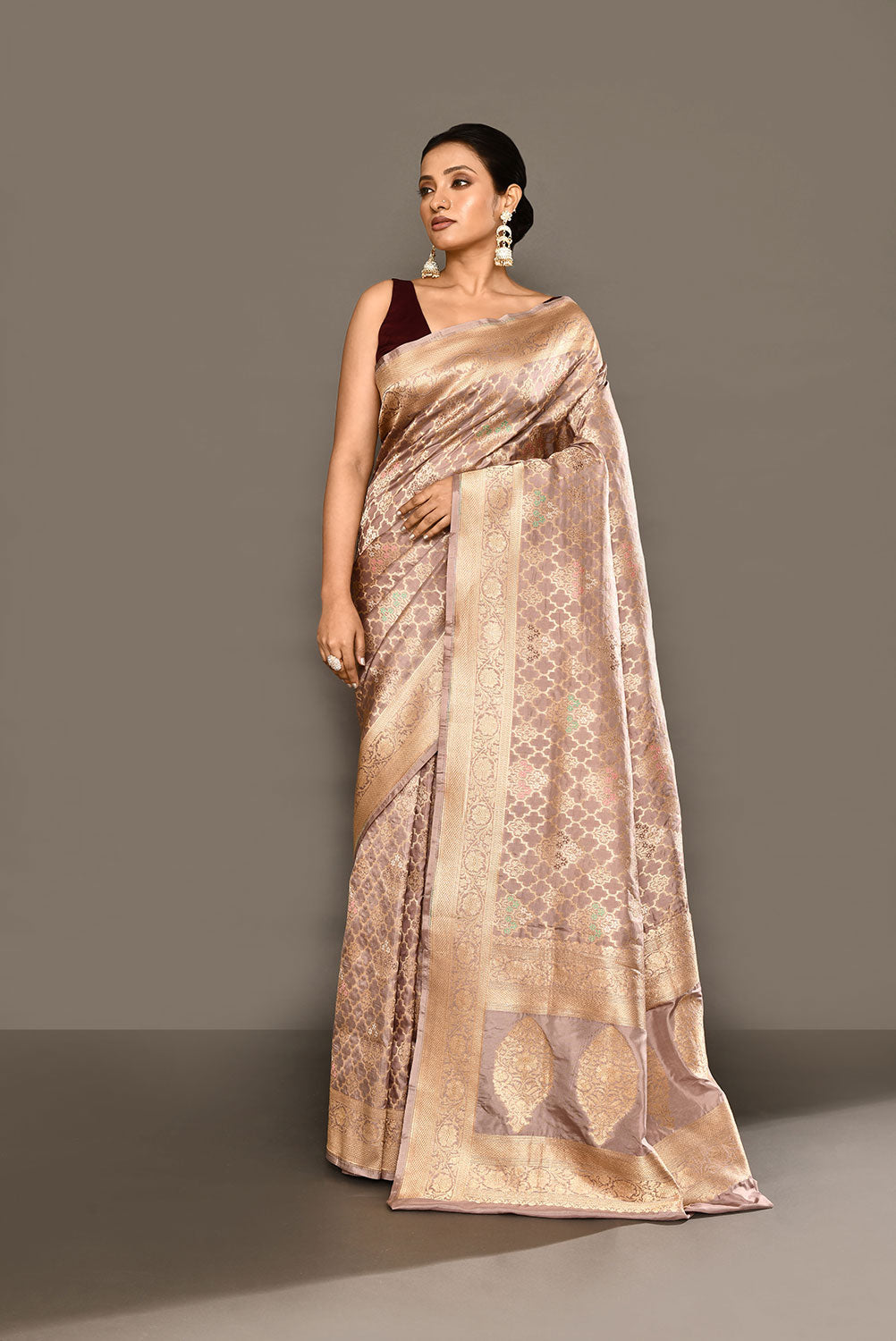 'Patterned Perfection' Rose Grey Pure Katan Silk Jaal Brocade Banarasi Handloom Saree 'Patterned Perfection' Rose Grey Pure Katan Silk Jaal Brocade Banarasi Handloom Saree