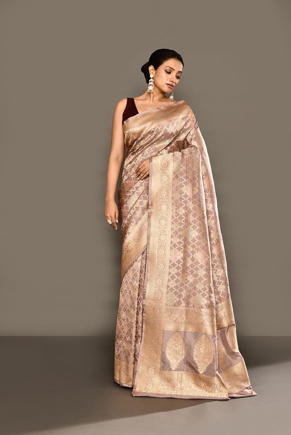 'Patterned Perfection' Rose Grey Pure Katan Silk Jaal Brocade Banarasi Handloom Saree 'Patterned Perfection' Rose Grey Pure Katan Silk Jaal Brocade Banarasi Handloom Saree