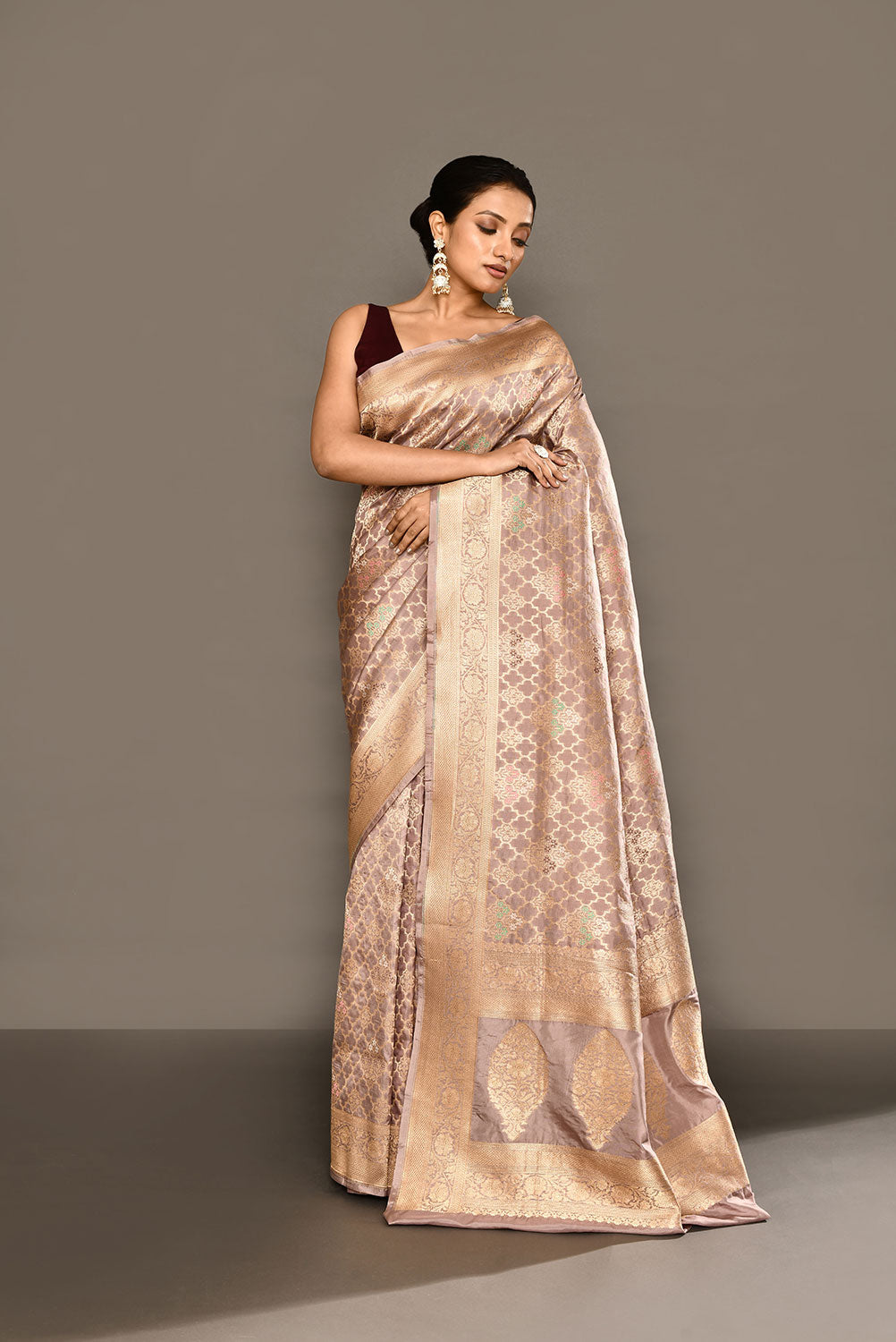 'Patterned Perfection' Rose Grey Pure Katan Silk Jaal Brocade Banarasi Handloom Saree 'Patterned Perfection' Rose Grey Pure Katan Silk Jaal Brocade Banarasi Handloom Saree
