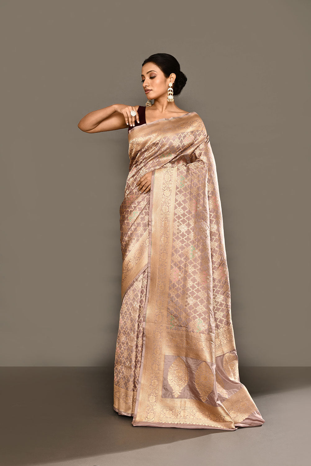 'Patterned Perfection' Rose Grey Pure Katan Silk Jaal Brocade Banarasi Handloom Saree 'Patterned Perfection' Rose Grey Pure Katan Silk Jaal Brocade Banarasi Handloom Saree