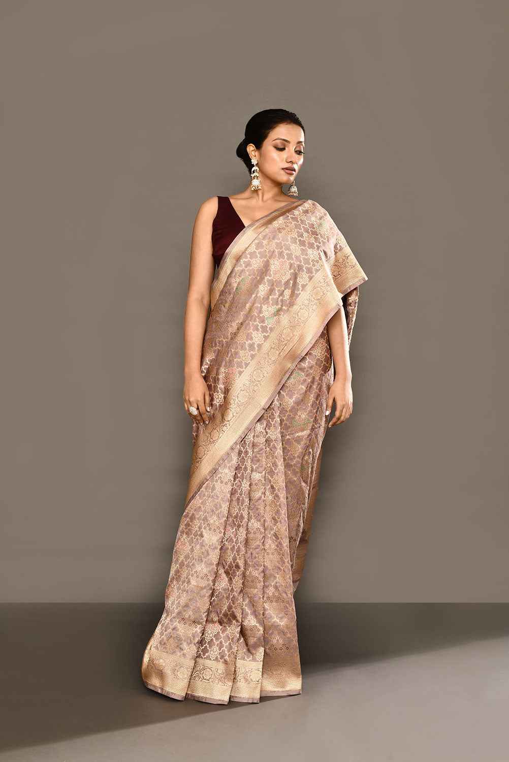 'Patterned Perfection' Rose Grey Pure Katan Silk Jaal Brocade Banarasi Handloom Saree 'Patterned Perfection' Rose Grey Pure Katan Silk Jaal Brocade Banarasi Handloom Saree
