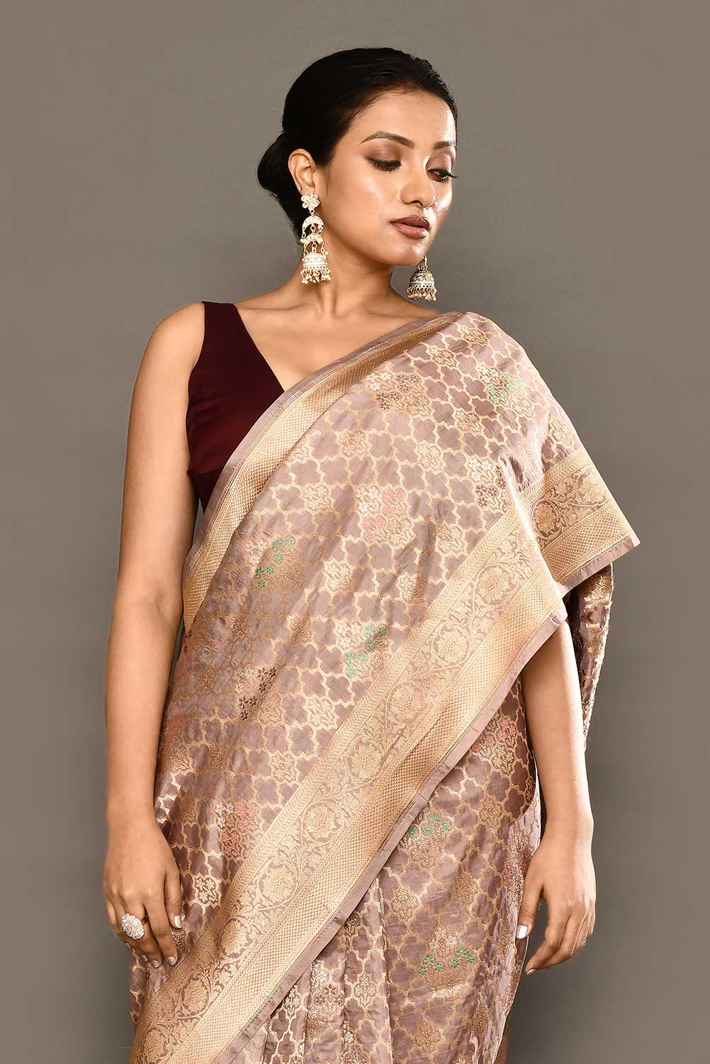 'Patterned Perfection' Rose Grey Pure Katan Silk Jaal Brocade Banarasi Handloom Saree 'Patterned Perfection' Rose Grey Pure Katan Silk Jaal Brocade Banarasi Handloom Saree