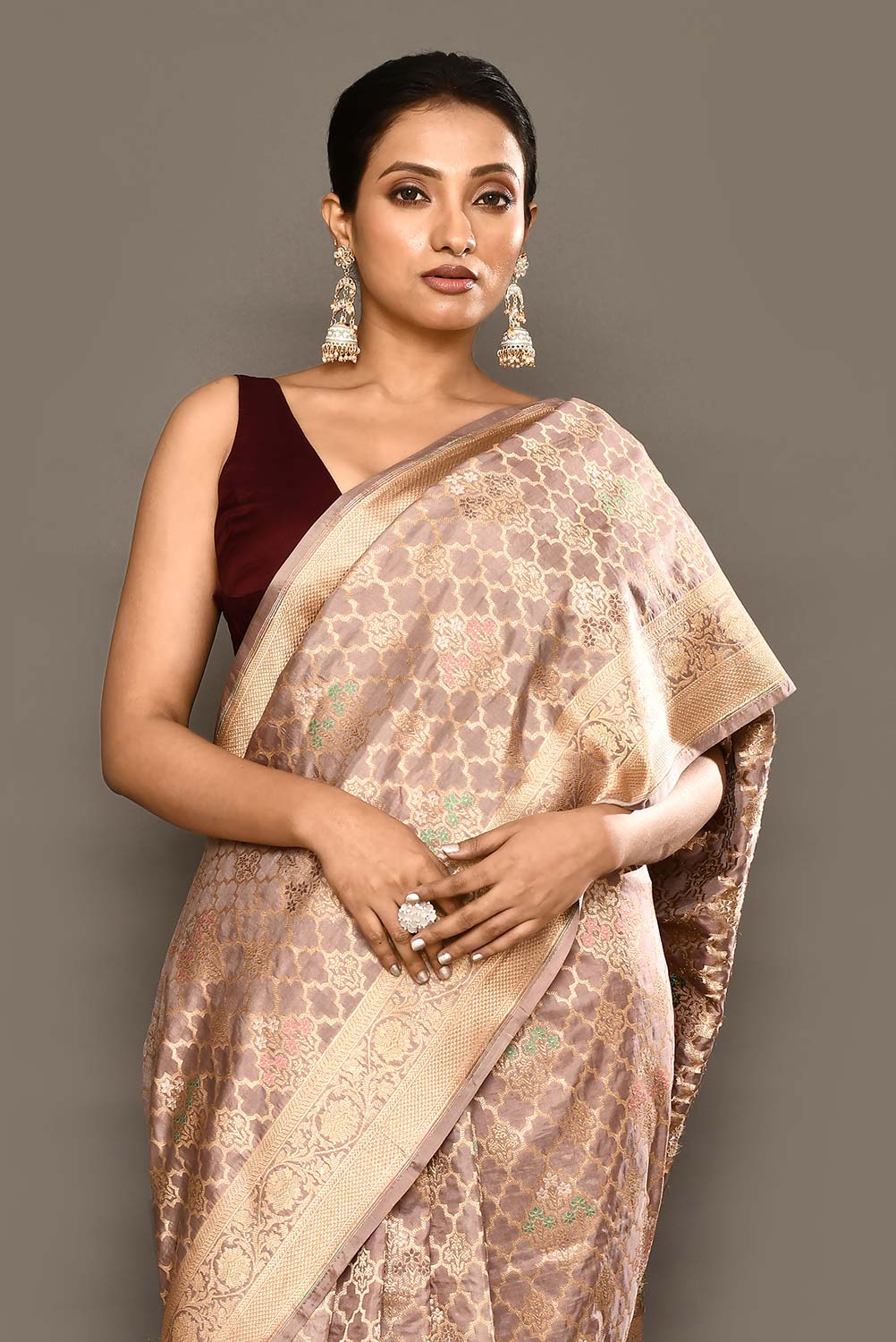 'Patterned Perfection' Rose Grey Pure Katan Silk Jaal Brocade Banarasi Handloom Saree 'Patterned Perfection' Rose Grey Pure Katan Silk Jaal Brocade Banarasi Handloom Saree