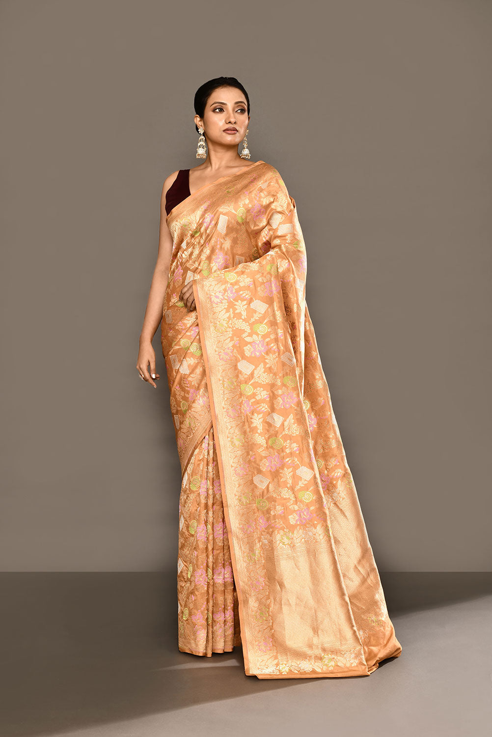 Handloom 'Deep Beige Tussar' Pure Katan Silk Banarasi Handloom Saree With all Over Meenakari Jaal Handloom 'Deep Beige Tussar' Pure Katan Silk Banarasi Handloom Saree With all Over Meenakari Jaal