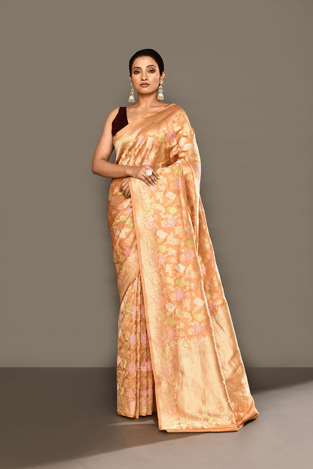 Handloom 'Deep Beige Tussar' Pure Katan Silk Banarasi Handloom Saree With all Over Meenakari Jaal Handloom 'Deep Beige Tussar' Pure Katan Silk Banarasi Handloom Saree With all Over Meenakari Jaal