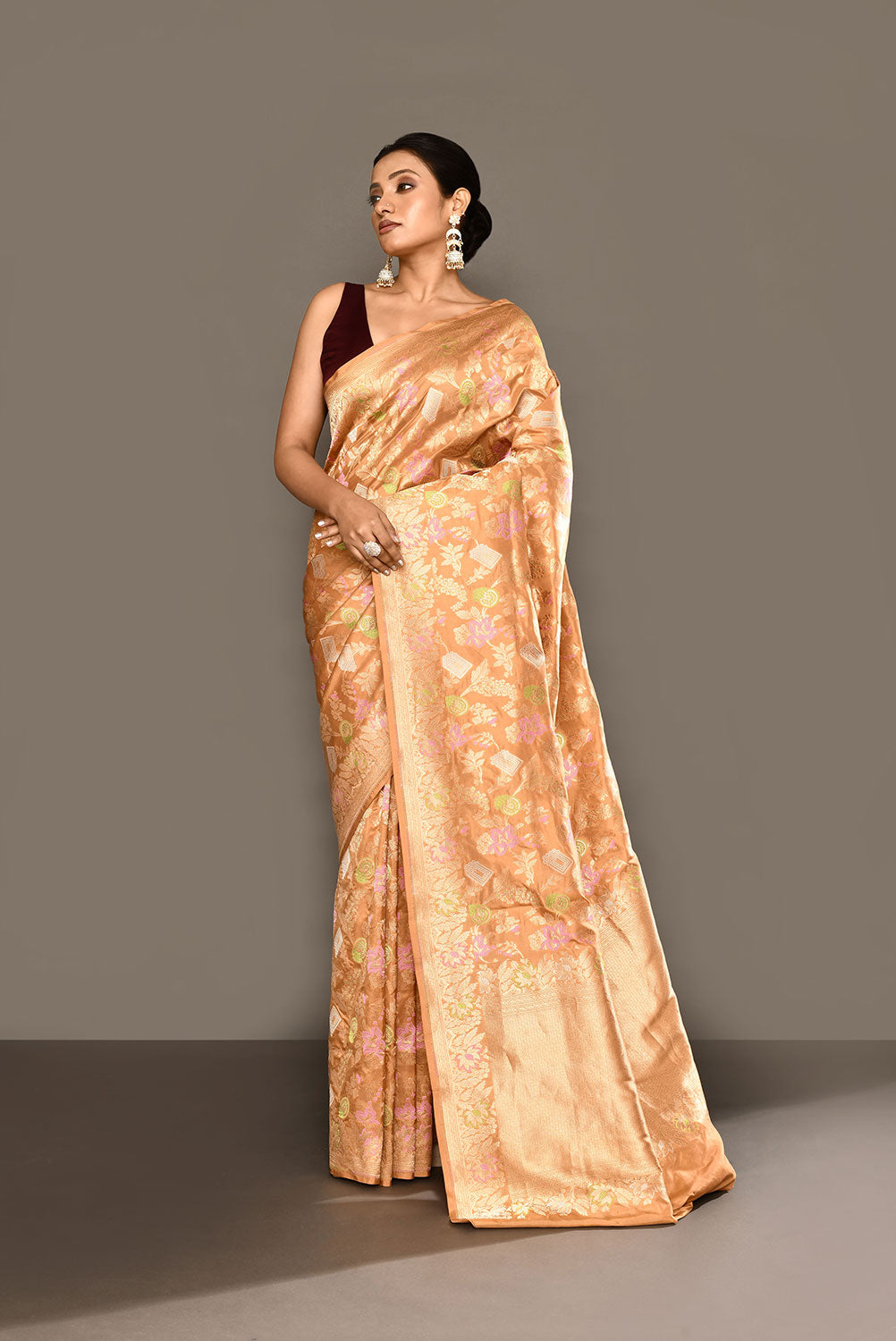 Handloom 'Deep Beige Tussar' Pure Katan Silk Banarasi Handloom Saree With all Over Meenakari Jaal Handloom 'Deep Beige Tussar' Pure Katan Silk Banarasi Handloom Saree With all Over Meenakari Jaal