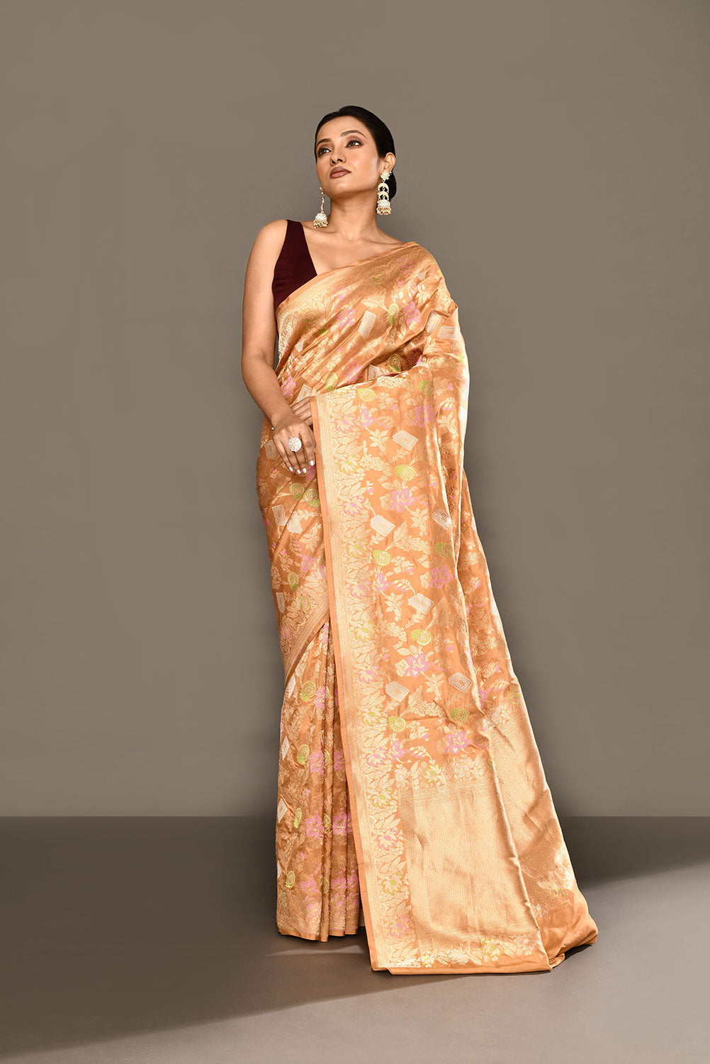 Handloom 'Deep Beige Tussar' Pure Katan Silk Banarasi Handloom Saree With all Over Meenakari Jaal Handloom 'Deep Beige Tussar' Pure Katan Silk Banarasi Handloom Saree With all Over Meenakari Jaal