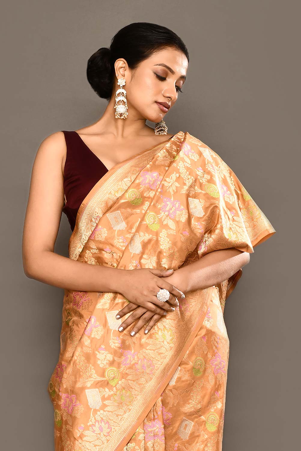 Handloom 'Deep Beige Tussar' Pure Katan Silk Banarasi Handloom Saree With all Over Meenakari Jaal Handloom 'Deep Beige Tussar' Pure Katan Silk Banarasi Handloom Saree With all Over Meenakari Jaal