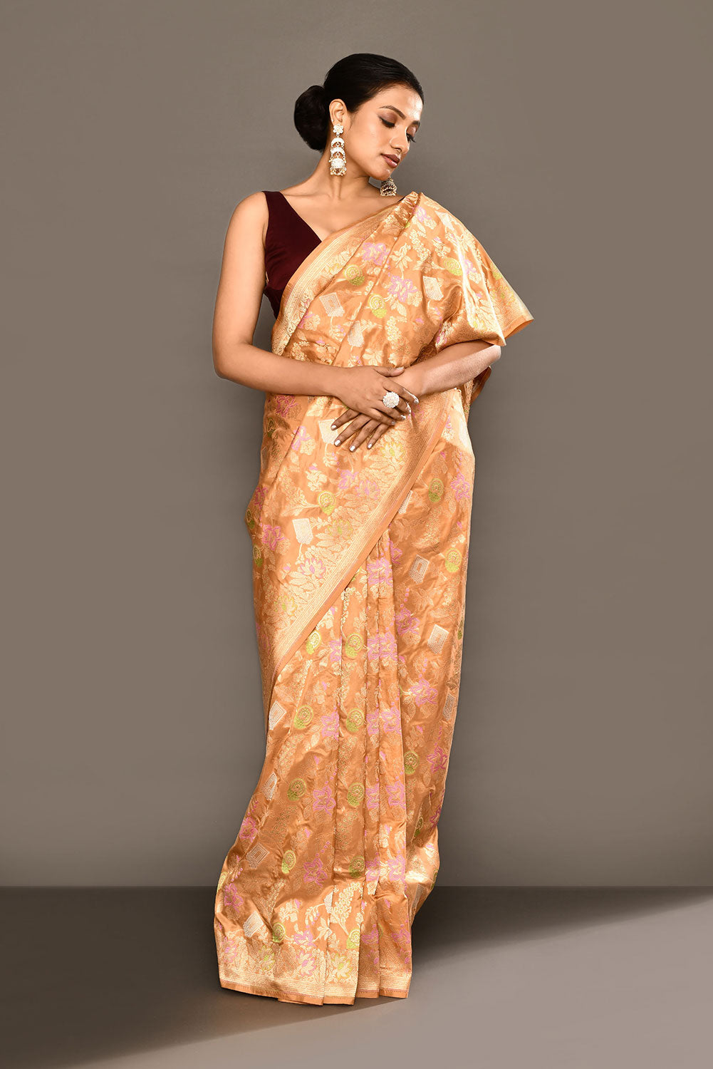 Handloom 'Deep Beige Tussar' Pure Katan Silk Banarasi Handloom Saree With all Over Meenakari Jaal Handloom 'Deep Beige Tussar' Pure Katan Silk Banarasi Handloom Saree With all Over Meenakari Jaal