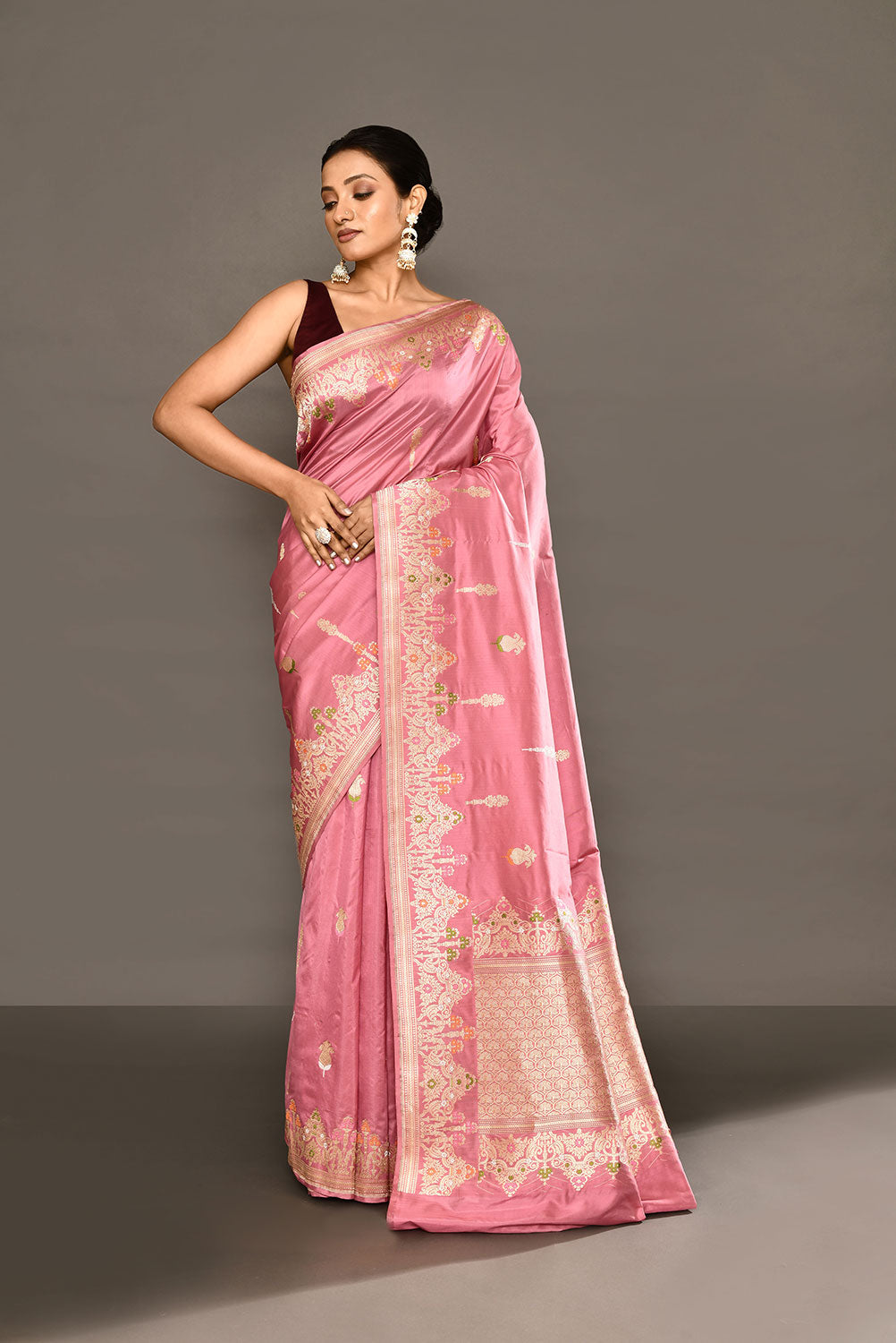'Deep Old Rose Pink' Pure Katan Silk Banarasi Handloom Saree With Kadhua Meenakari Boota and Border 'Deep Old Rose Pink' Pure Katan Silk Banarasi Handloom Saree With Kadhua Meenakari Boota and Border