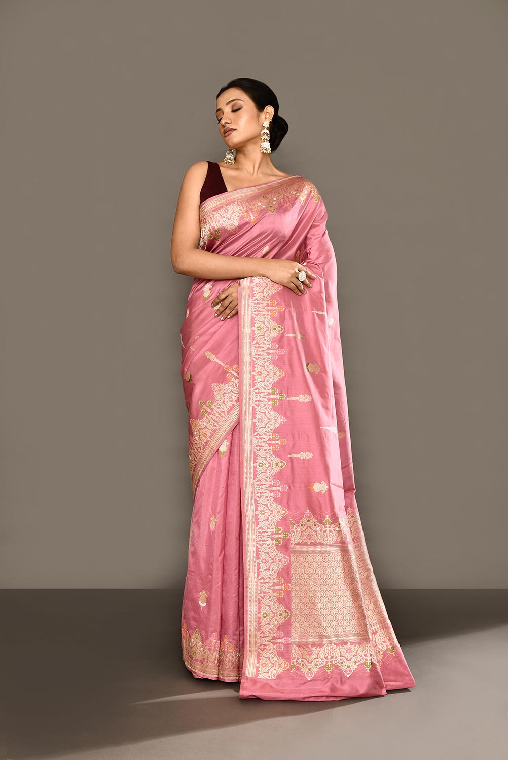 'Deep Old Rose Pink' Pure Katan Silk Banarasi Handloom Saree With Kadhua Meenakari Boota and Border 'Deep Old Rose Pink' Pure Katan Silk Banarasi Handloom Saree With Kadhua Meenakari Boota and Border