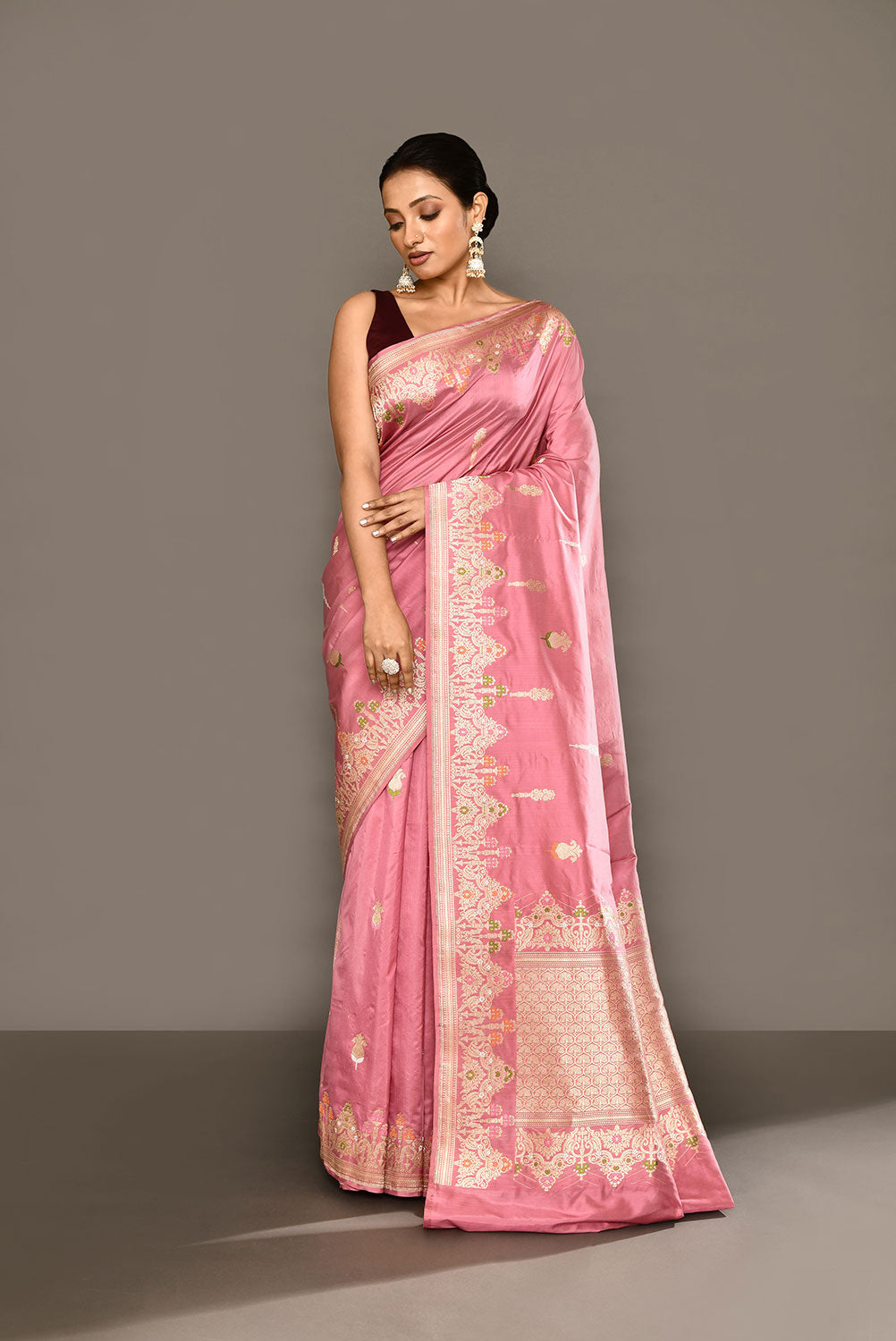 'Deep Old Rose Pink' Pure Katan Silk Banarasi Handloom Saree With Kadhua Meenakari Boota and Border 'Deep Old Rose Pink' Pure Katan Silk Banarasi Handloom Saree With Kadhua Meenakari Boota and Border