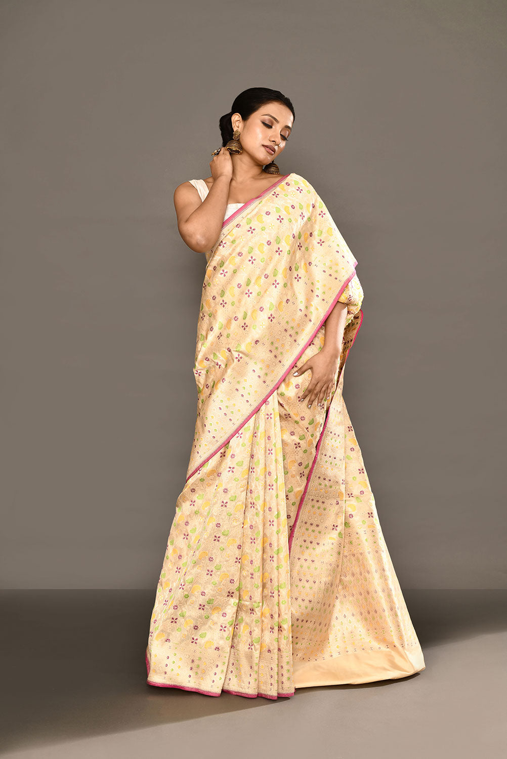 'Shuchi' Off - White Pure Katan Silk Banarasi Handloom Saree with all Over Meenakari Jaal 'Shuchi' Off - White Pure Katan Silk Banarasi Handloom Saree with all Over Meenakari Jaal
