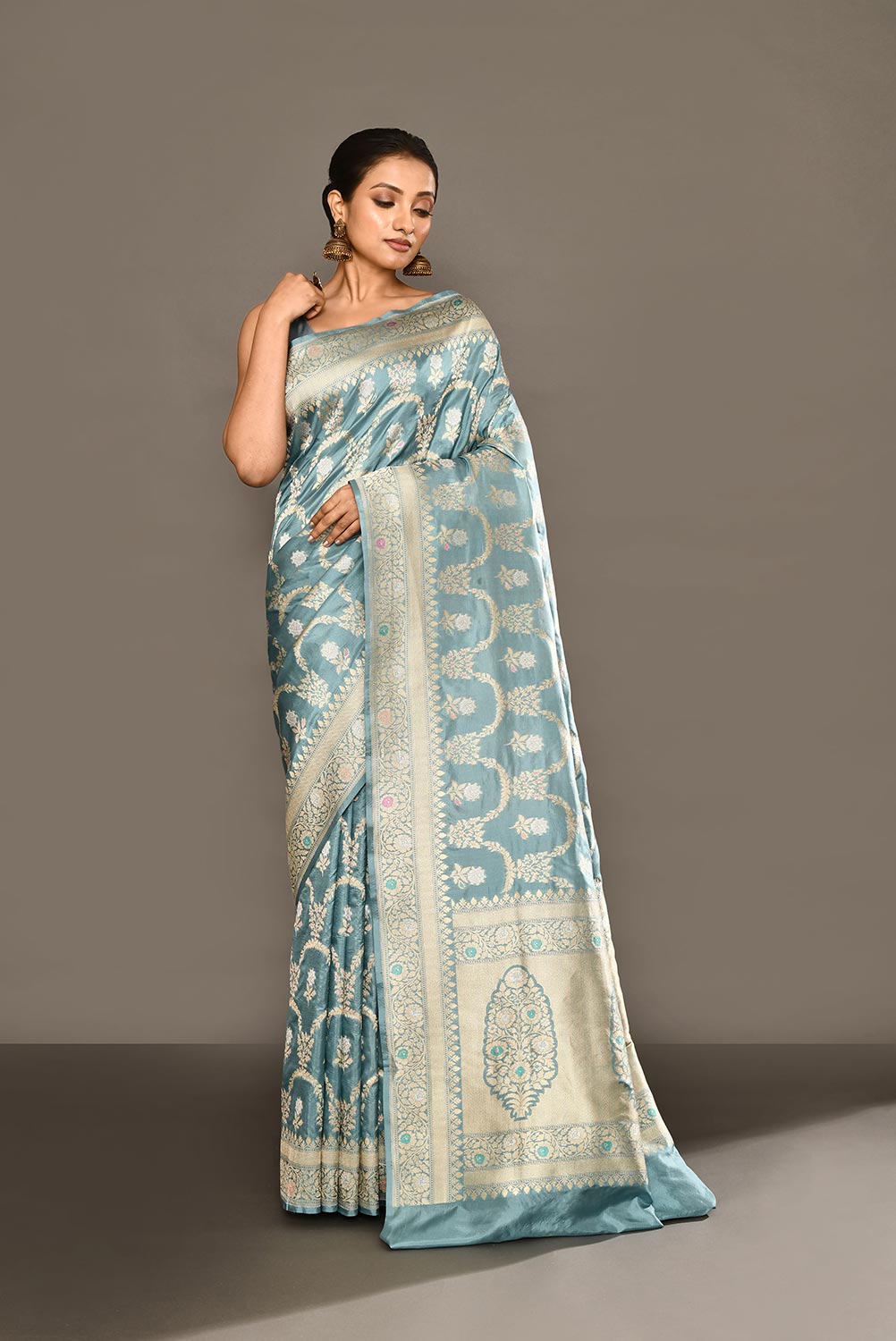 'Sugandha' Iceberg Blue Pure Katan Silk Banarasi Handloom Saree with Kahua Ropa Sona Boota and Meenakari Border 'Sugandha' Iceberg Blue Pure Katan Silk Banarasi Handloom Saree with Kahua Ropa Sona Boota and Meenakari Border