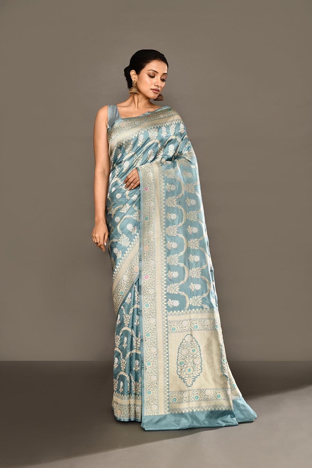 'Sugandha' Iceberg Blue Pure Katan Silk Banarasi Handloom Saree with Kahua Ropa Sona Boota and Meenakari Border 'Sugandha' Iceberg Blue Pure Katan Silk Banarasi Handloom Saree with Kahua Ropa Sona Boota and Meenakari Border