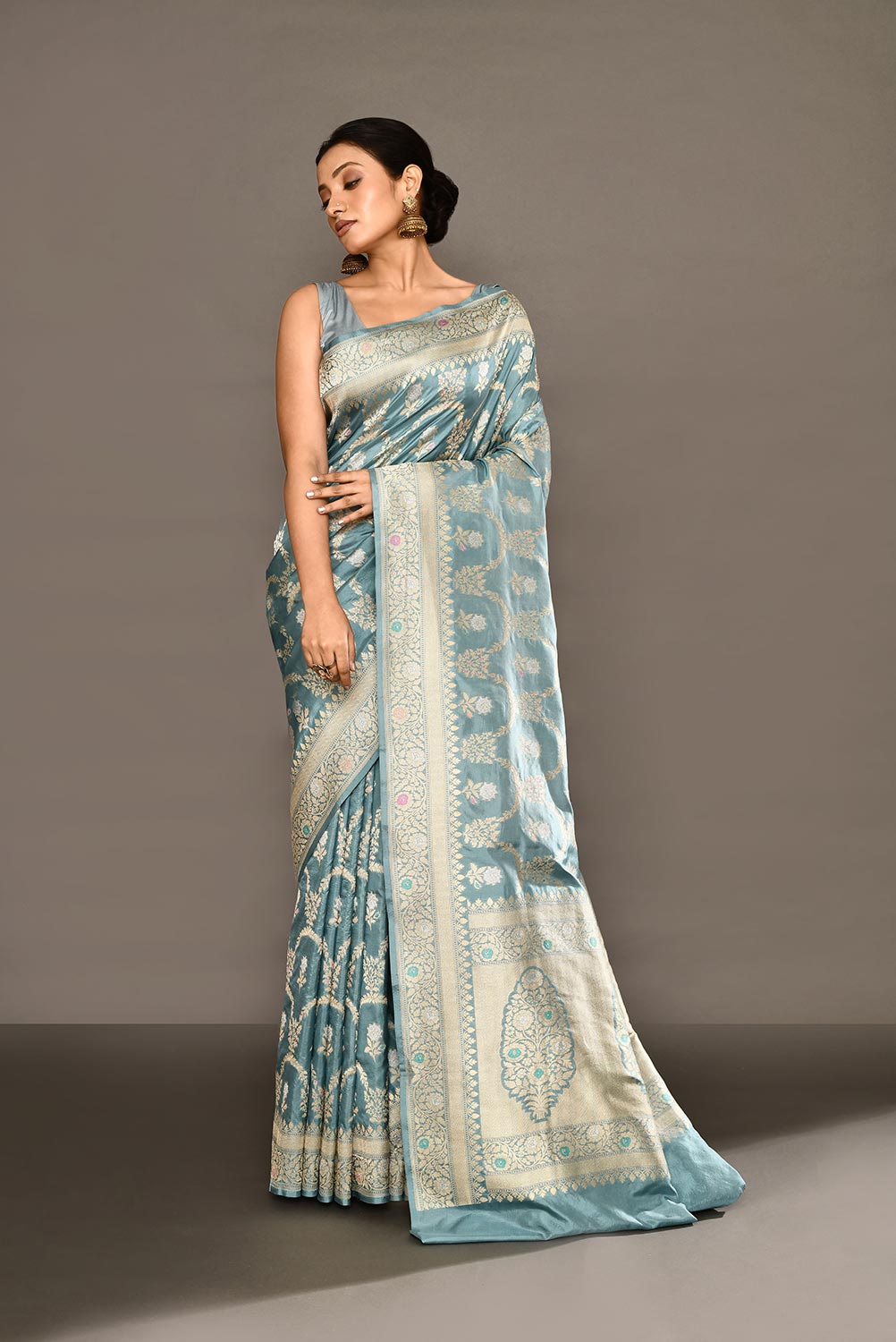 'Sugandha' Iceberg Blue Pure Katan Silk Banarasi Handloom Saree with Kahua Ropa Sona Boota and Meenakari Border 'Sugandha' Iceberg Blue Pure Katan Silk Banarasi Handloom Saree with Kahua Ropa Sona Boota and Meenakari Border