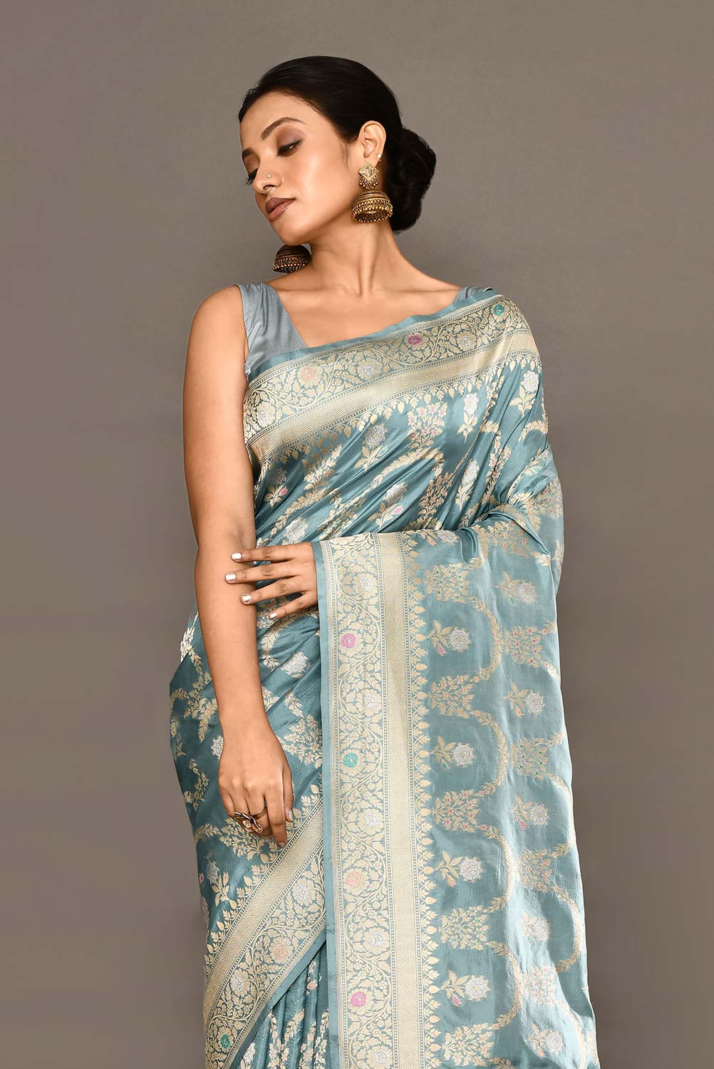 'Sugandha' Iceberg Blue Pure Katan Silk Banarasi Handloom Saree with Kahua Ropa Sona Boota and Meenakari Border 'Sugandha' Iceberg Blue Pure Katan Silk Banarasi Handloom Saree with Kahua Ropa Sona Boota and Meenakari Border