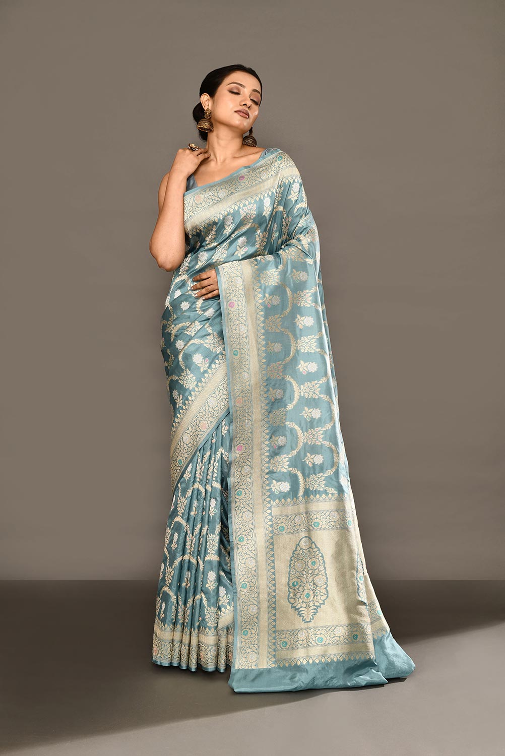 'Sugandha' Iceberg Blue Pure Katan Silk Banarasi Handloom Saree with Kahua Ropa Sona Boota and Meenakari Border 'Sugandha' Iceberg Blue Pure Katan Silk Banarasi Handloom Saree with Kahua Ropa Sona Boota and Meenakari Border