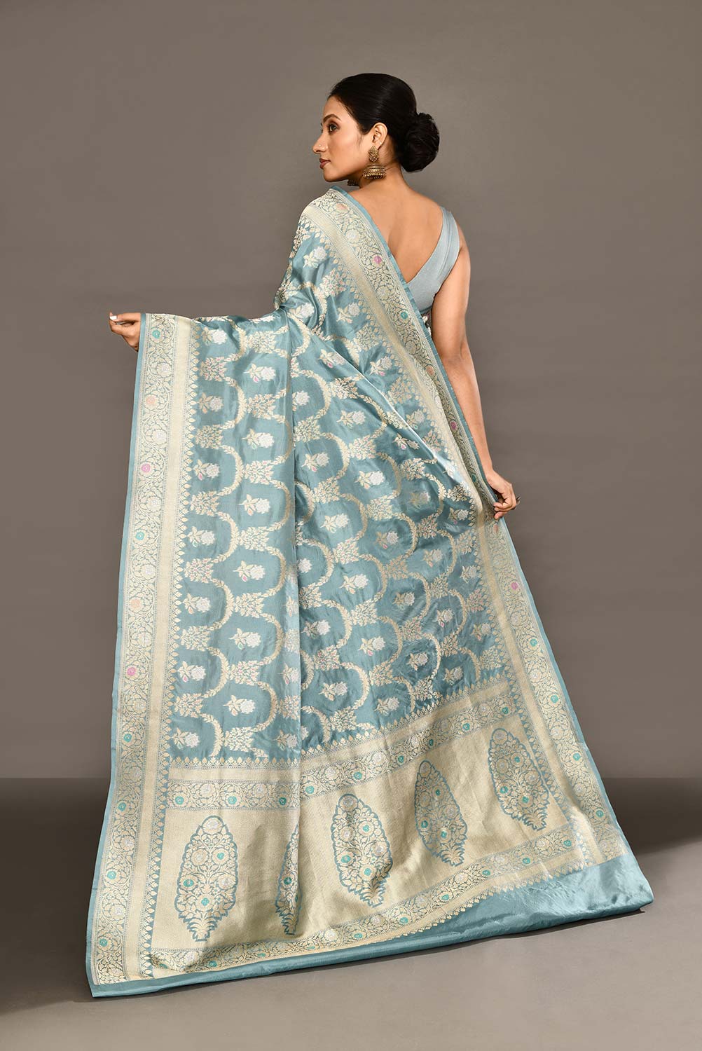 'Sugandha' Iceberg Blue Pure Katan Silk Banarasi Handloom Saree with Kahua Ropa Sona Boota and Meenakari Border 'Sugandha' Iceberg Blue Pure Katan Silk Banarasi Handloom Saree with Kahua Ropa Sona Boota and Meenakari Border