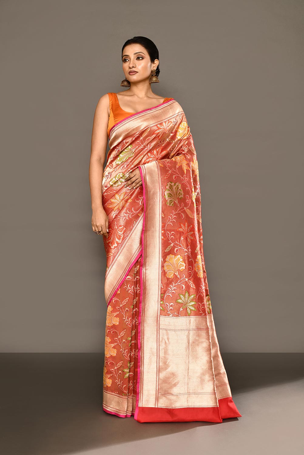 'Noor' Red-Orange Pure Katan Tissue Banarasi Handloom Silk Saree with Meenakari Jaal 'Noor' Red-Orange Pure Katan Tissue Banarasi Handloom Silk Saree with Meenakari Jaal