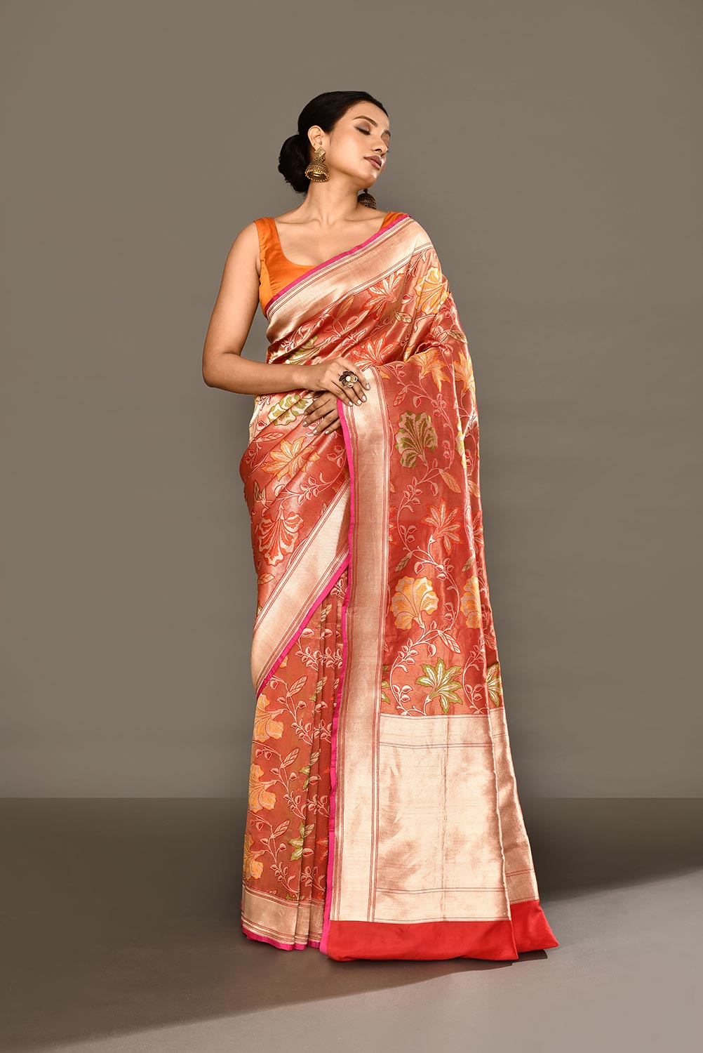 'Noor' Red-Orange Pure Katan Tissue Banarasi Handloom Silk Saree with Meenakari Jaal 'Noor' Red-Orange Pure Katan Tissue Banarasi Handloom Silk Saree with Meenakari Jaal