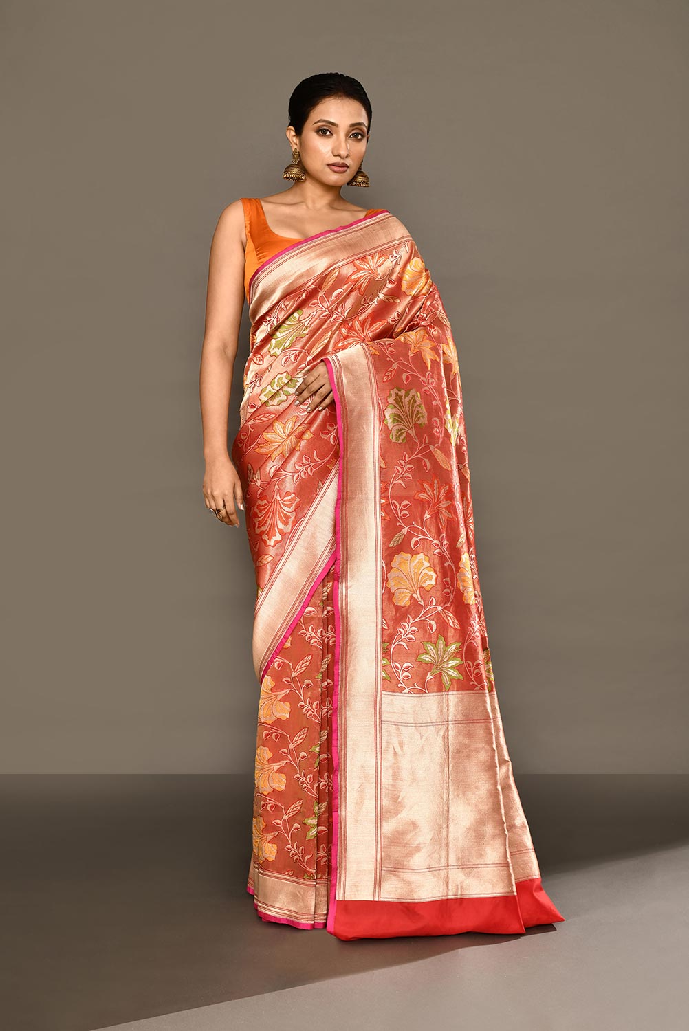 'Noor' Red-Orange Pure Katan Tissue Banarasi Handloom Silk Saree with Meenakari Jaal 'Noor' Red-Orange Pure Katan Tissue Banarasi Handloom Silk Saree with Meenakari Jaal