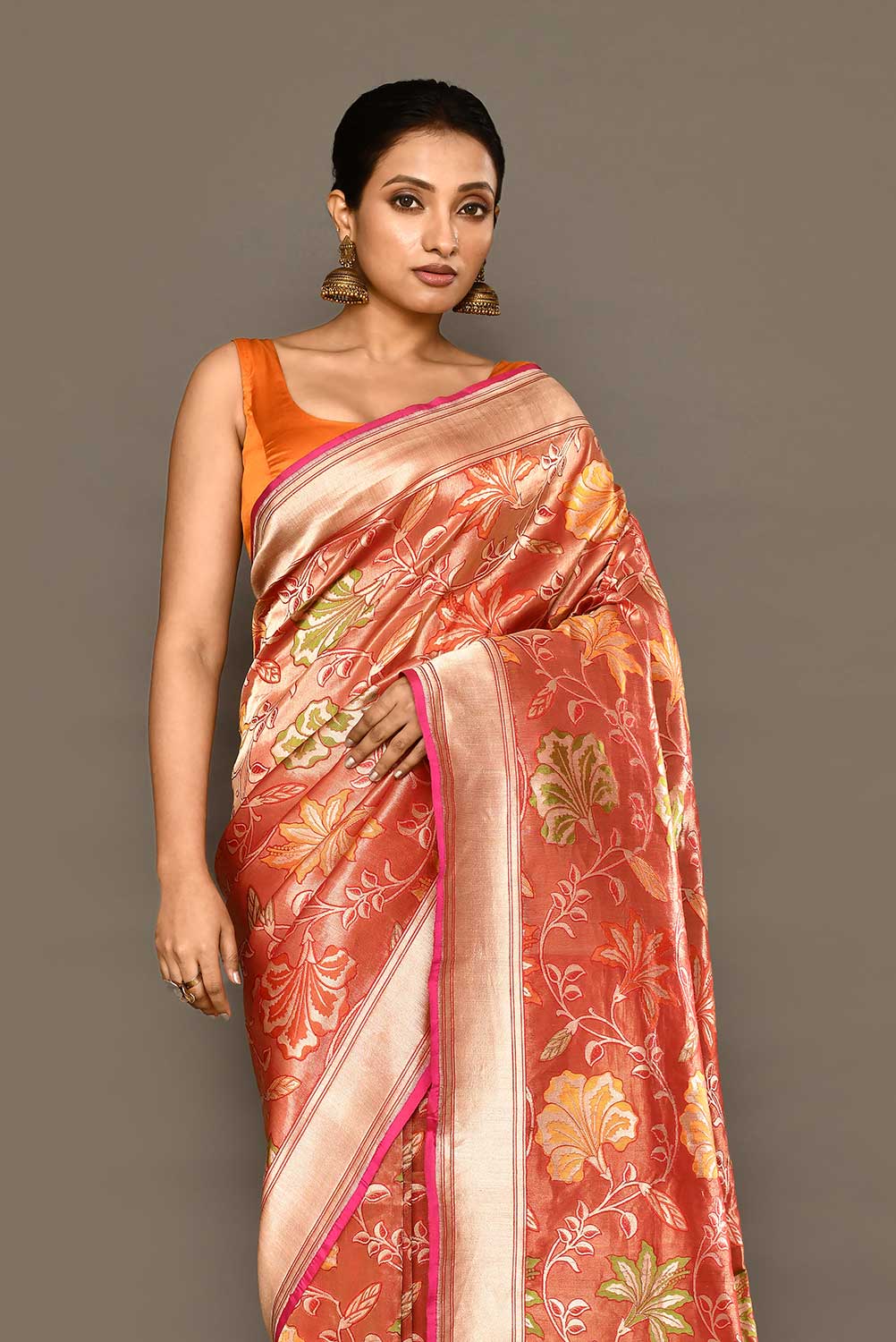 'Noor' Red-Orange Pure Katan Tissue Banarasi Handloom Silk Saree with Meenakari Jaal 'Noor' Red-Orange Pure Katan Tissue Banarasi Handloom Silk Saree with Meenakari Jaal