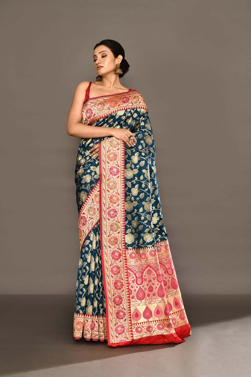'Neerja' Blue - Red Pure Katan Silk Banarasi Handloom Saree with Meenakari Border 'Neerja' Blue - Red Pure Katan Silk Banarasi Handloom Saree with Meenakari Border
