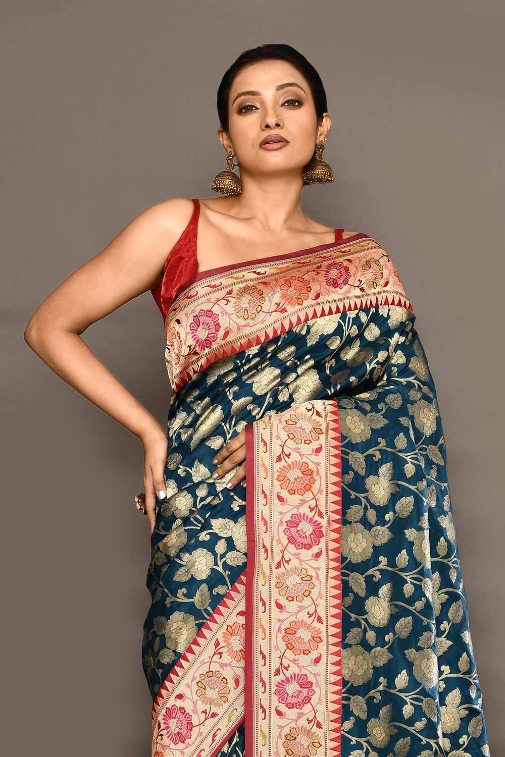 'Neerja' Blue - Red Pure Katan Silk Banarasi Handloom Saree with Meenakari Border 'Neerja' Blue - Red Pure Katan Silk Banarasi Handloom Saree with Meenakari Border