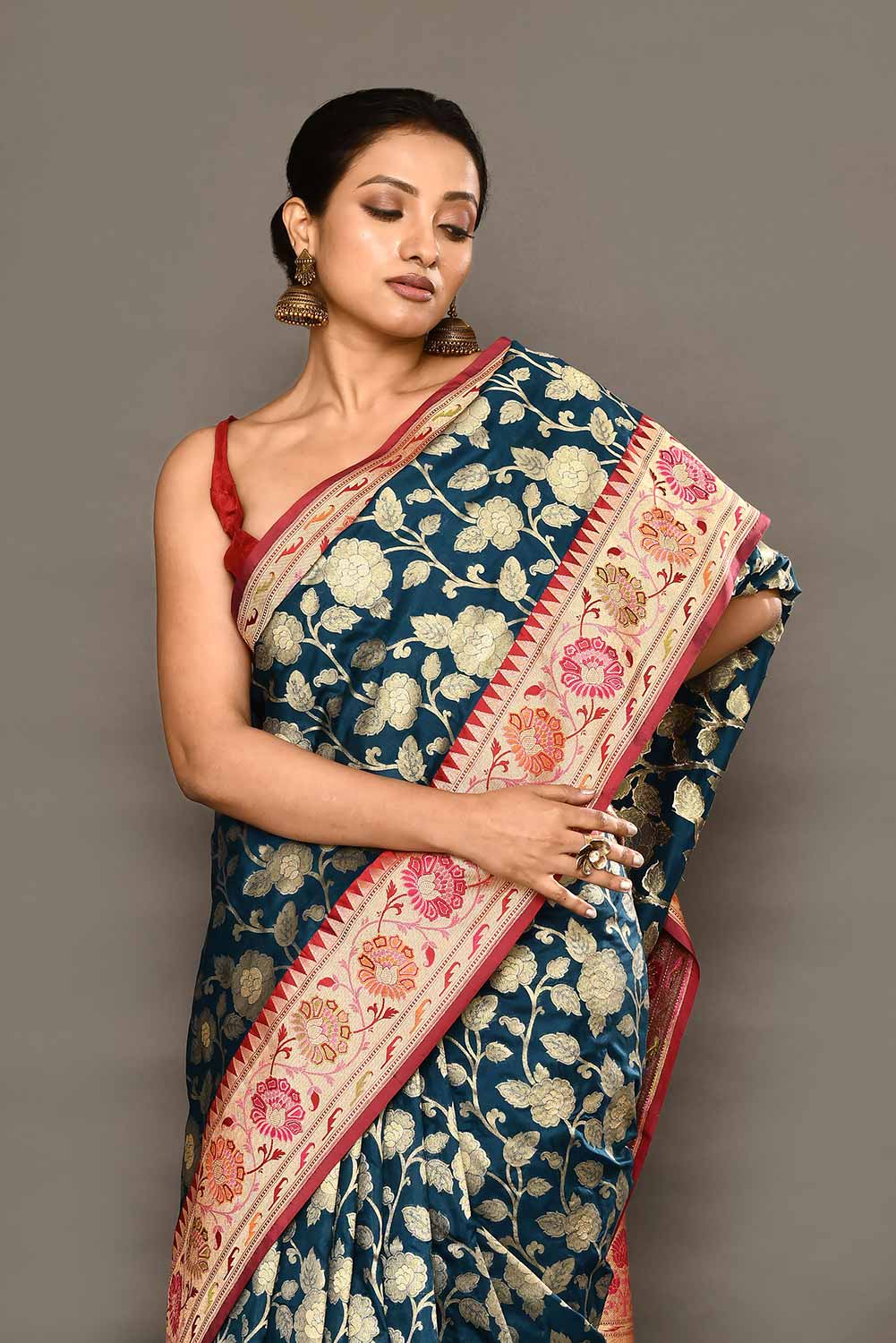'Neerja' Blue - Red Pure Katan Silk Banarasi Handloom Saree with Meenakari Border 'Neerja' Blue - Red Pure Katan Silk Banarasi Handloom Saree with Meenakari Border
