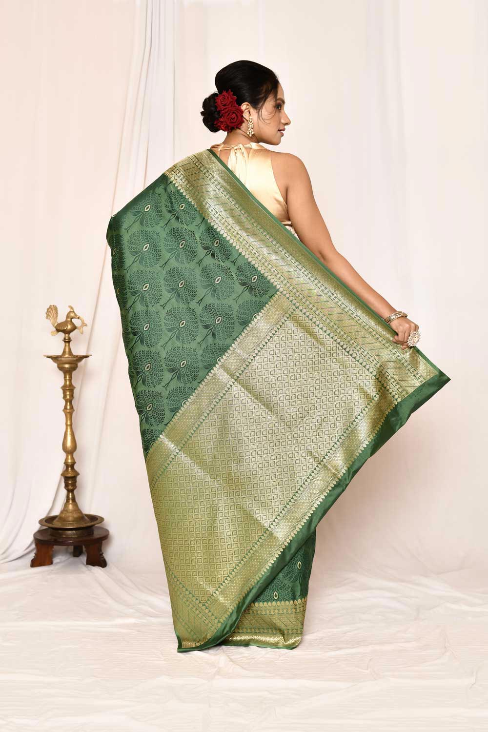 Dusty Pine Green Semi Katan Mushru Satin Banarasi Handloom Saree Dusty Pine Green Semi Katan Mushru Satin Banarasi Handloom Saree