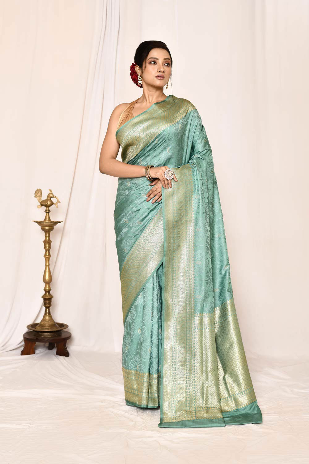 Dusty Green Semi Katan Mushru Satin Banarasi Handloom Saree Dusty Green Semi Katan Mushru Satin Banarasi Handloom Saree
