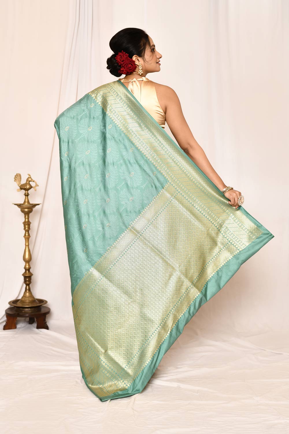 Dusty Green Semi Katan Mushru Satin Banarasi Handloom Saree Dusty Green Semi Katan Mushru Satin Banarasi Handloom Saree