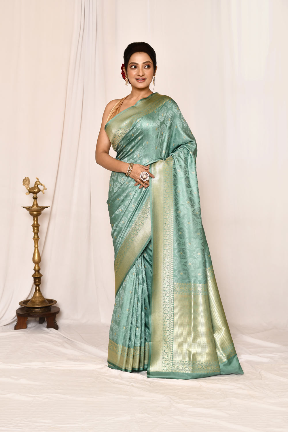 Dusty Green Semi Katan Mushru Satin Banarasi Handloom Saree Dusty Green Semi Katan Mushru Satin Banarasi Handloom Saree