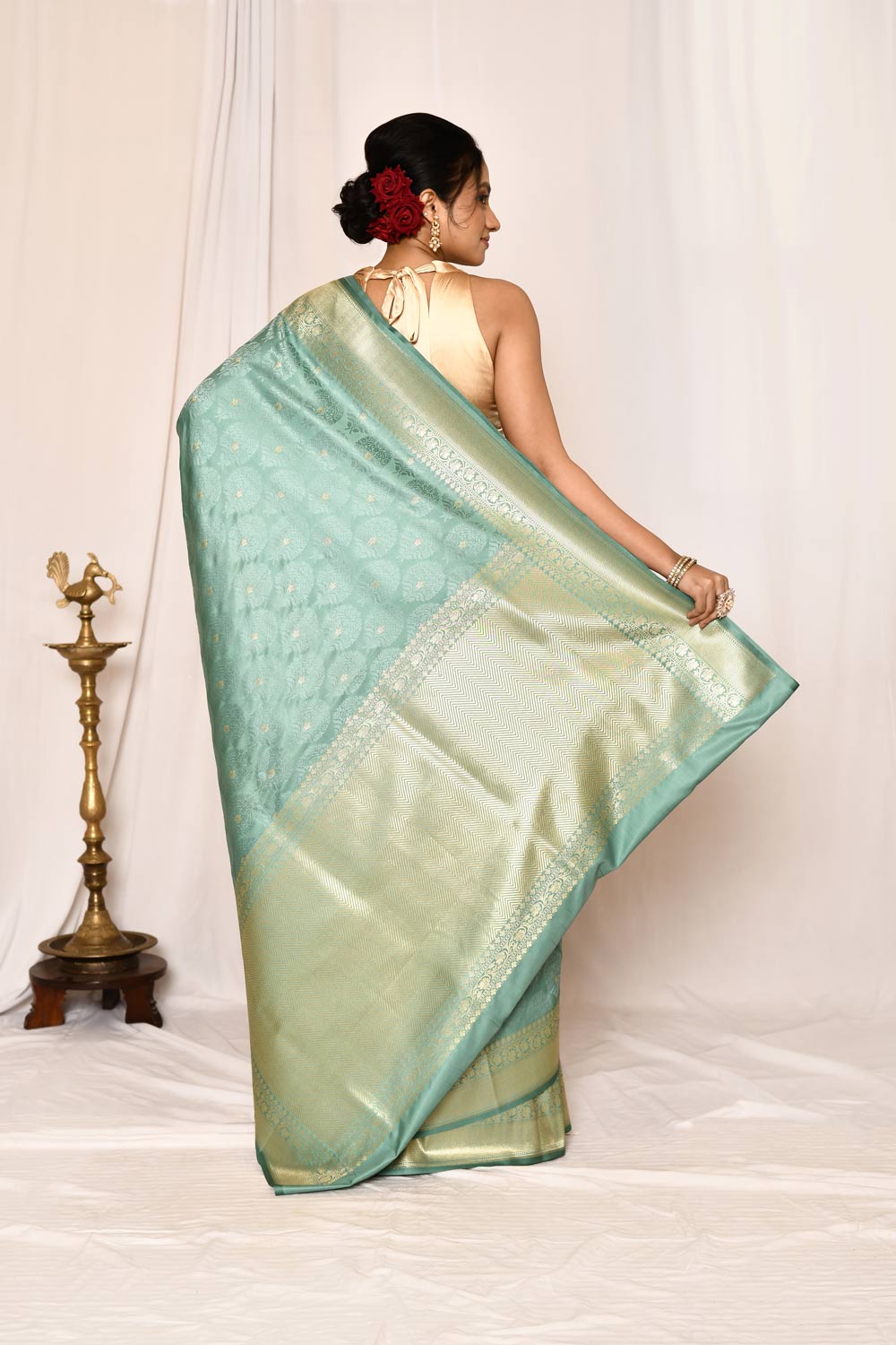 Dusty Green Semi Katan Mushru Satin Banarasi Handloom Saree Dusty Green Semi Katan Mushru Satin Banarasi Handloom Saree