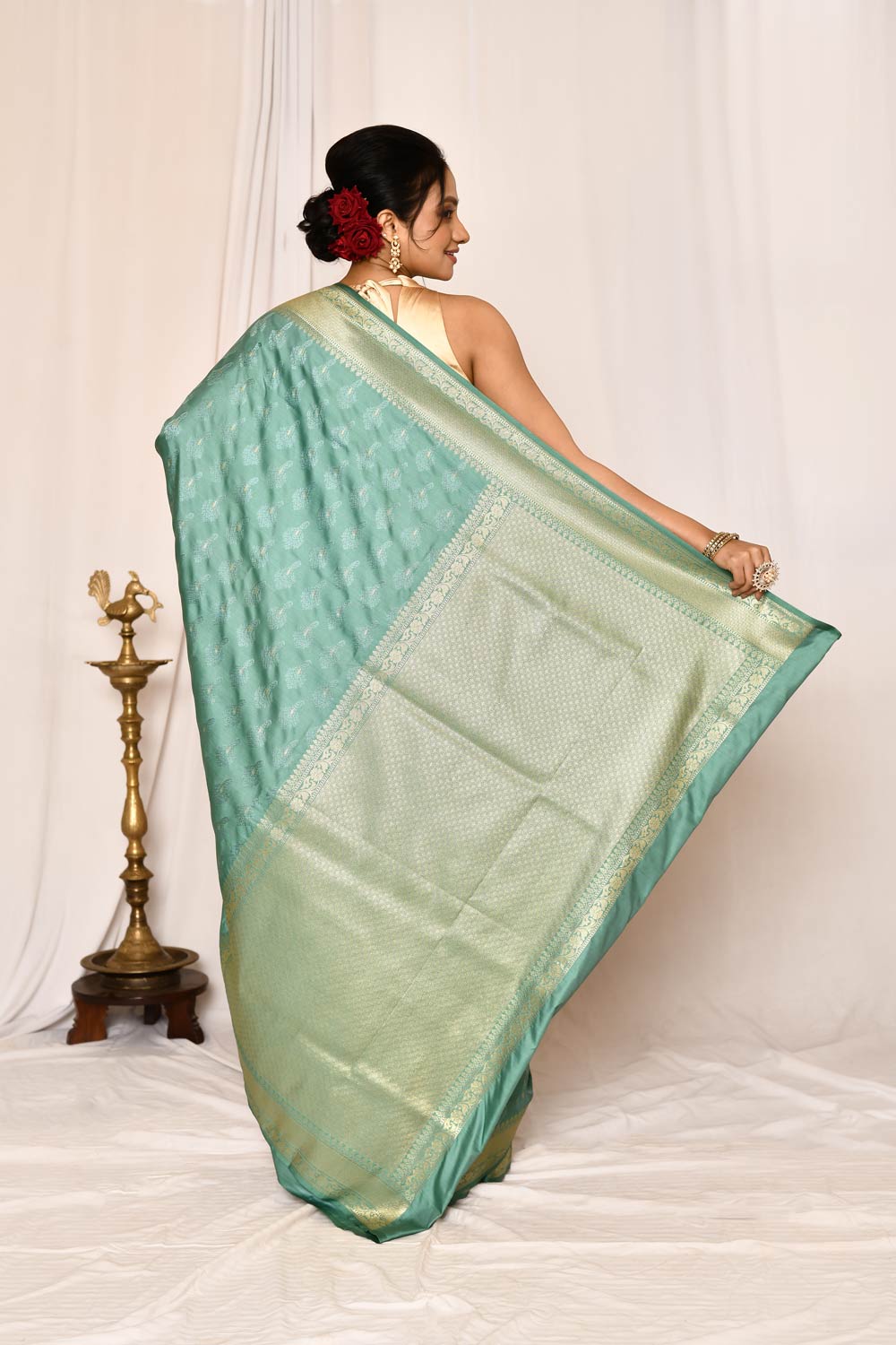 Dusty Green Semi Katan Mushru Satin Banarasi Handloom Saree Dusty Green Semi Katan Mushru Satin Banarasi Handloom Saree