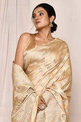 Beige Tussar Semi katan Mushru Satin Banarasi Handloom Saree