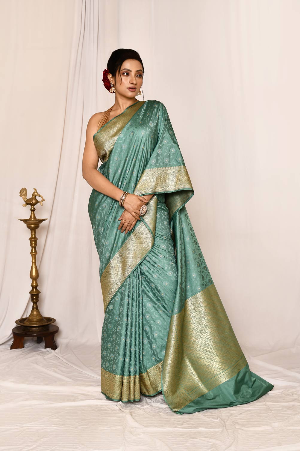Dusty Green Semi Katan Mushru Satin Banarasi Handloom Saree Dusty Green Semi Katan Mushru Satin Banarasi Handloom Saree
