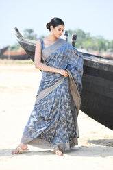 'Zaroka' Grey Pure Resham Cotton Banarasi Handloom Saree