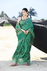 'Zaroka' Muted Teal Green Pure Resham Cotton Banarasi Handloom Saree