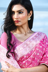 'Zehn-e-Gul' Pastel Pink Pure Resham Cotton Silk Banarasi Handloom Saree