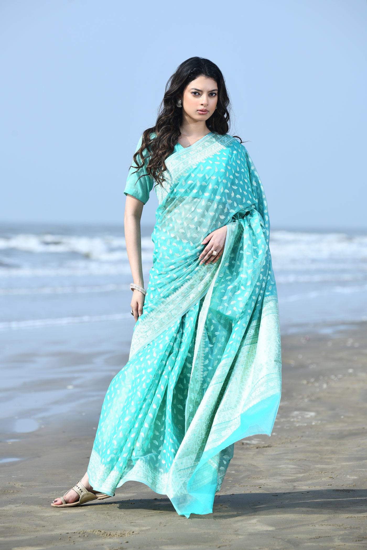 'Zehn-e-Gul' Sea Green Pure Resham Cotton Silk Banarasi Handloom Saree 'Zehn-e-Gul' Sea Green Pure Resham Cotton Silk Banarasi Handloom Saree