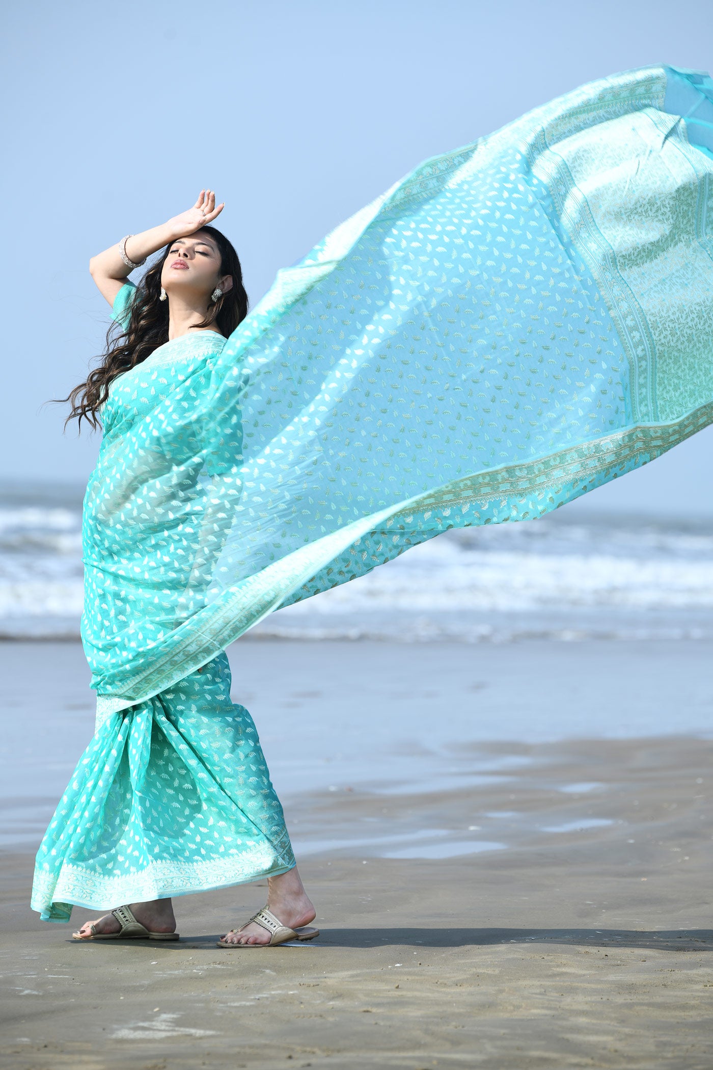 'Zehn-e-Gul' Sea Green Pure Resham Cotton Silk Banarasi Handloom Saree 'Zehn-e-Gul' Sea Green Pure Resham Cotton Silk Banarasi Handloom Saree