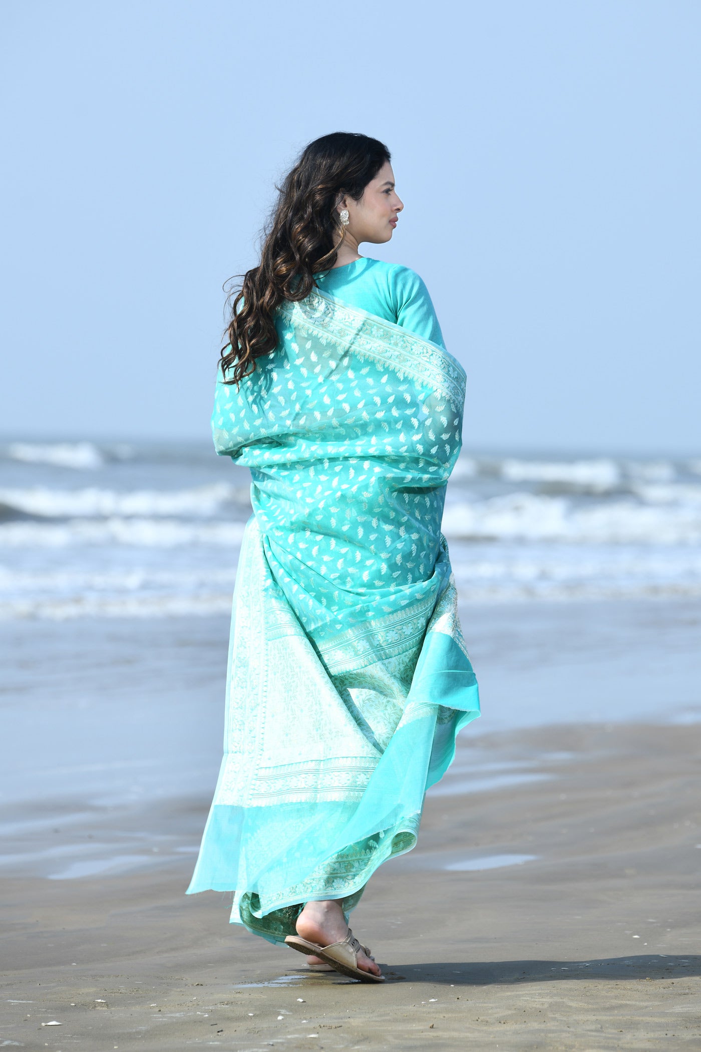 'Zehn-e-Gul' Sea Green Pure Resham Cotton Silk Banarasi Handloom Saree 'Zehn-e-Gul' Sea Green Pure Resham Cotton Silk Banarasi Handloom Saree