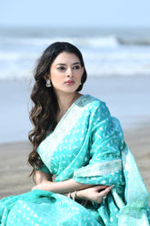 'Zehn-e-Gul' Sea Green Pure Resham Cotton Silk Banarasi Handloom Saree