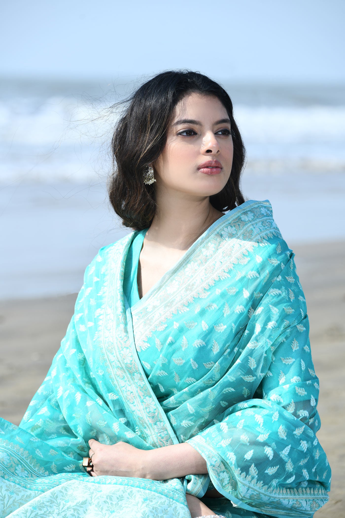'Zehn-e-Gul' Sea Green Pure Resham Cotton Silk Banarasi Handloom Saree 'Zehn-e-Gul' Sea Green Pure Resham Cotton Silk Banarasi Handloom Saree